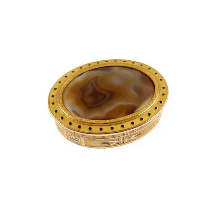Antique French oval gold, agate and enamel box